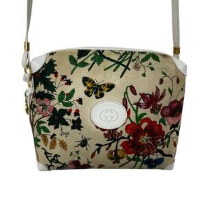 Vintage Gucci 1985 White Cream Multi Floral Butterfly Canvas Crossbody Bag AS IS